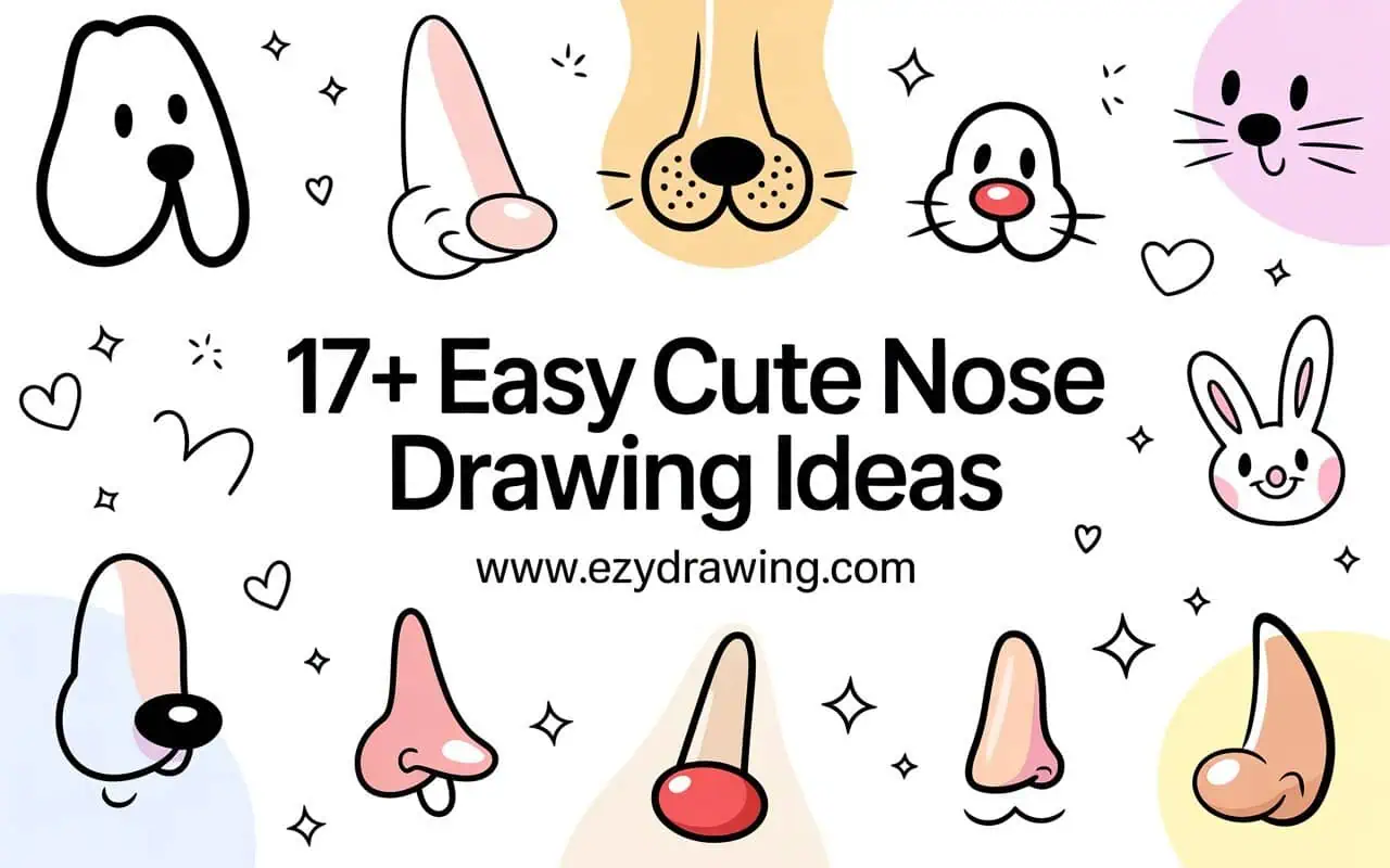 Cute feature image showing different cartoon nose drawings like dog, bunny, clown, and human noses with bold title 17+ Easy Cute Nose Drawing Ideas