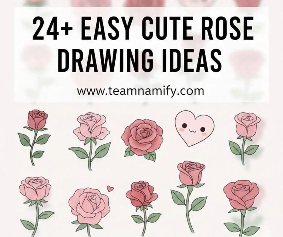 Collage of simple cute rose drawings in different styles under the title 24 plus easy cute rose drawing ideas from teamnamify.com