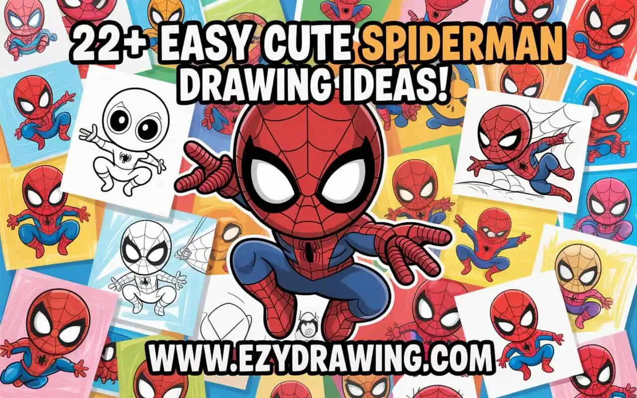 Colorful collage featuring multiple cute Spider-Man drawings with the text “22+ Easy Cute Spiderman Drawing Ideas!” and ezydrawing.com at the bottom