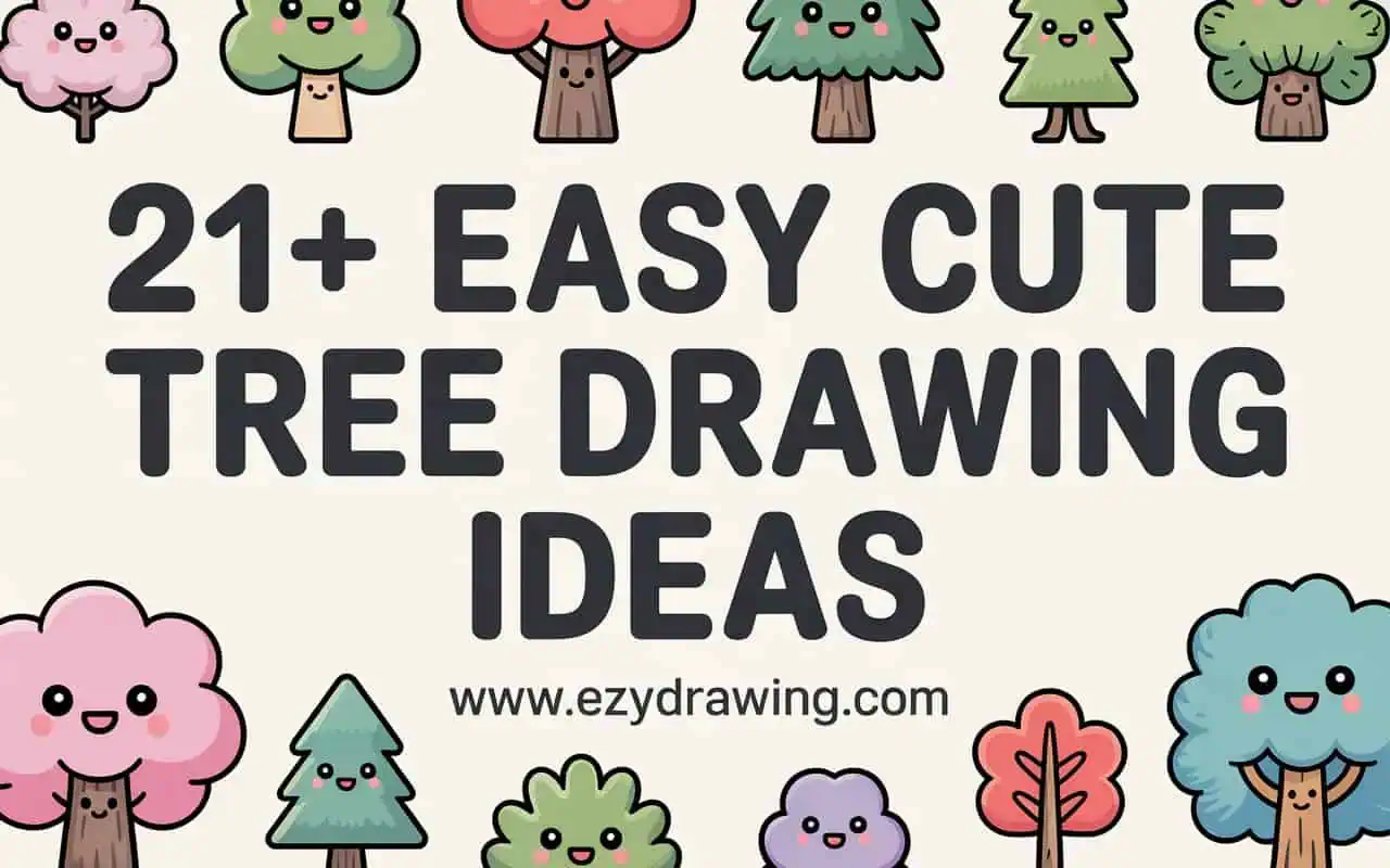 Cute collection of happy cartoon trees with smiling faces around the title 21 plus Easy Cute Tree Drawing Ideas from ezydrawing.com
