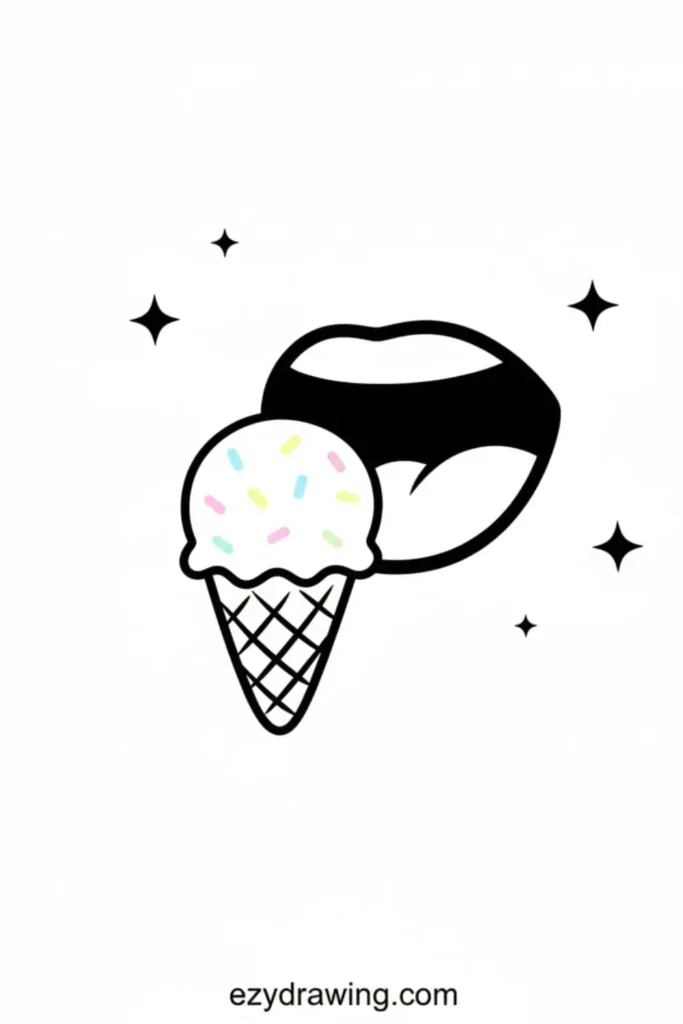 Cute mouth drawing licking an ice cream cone with sparkly accents around it