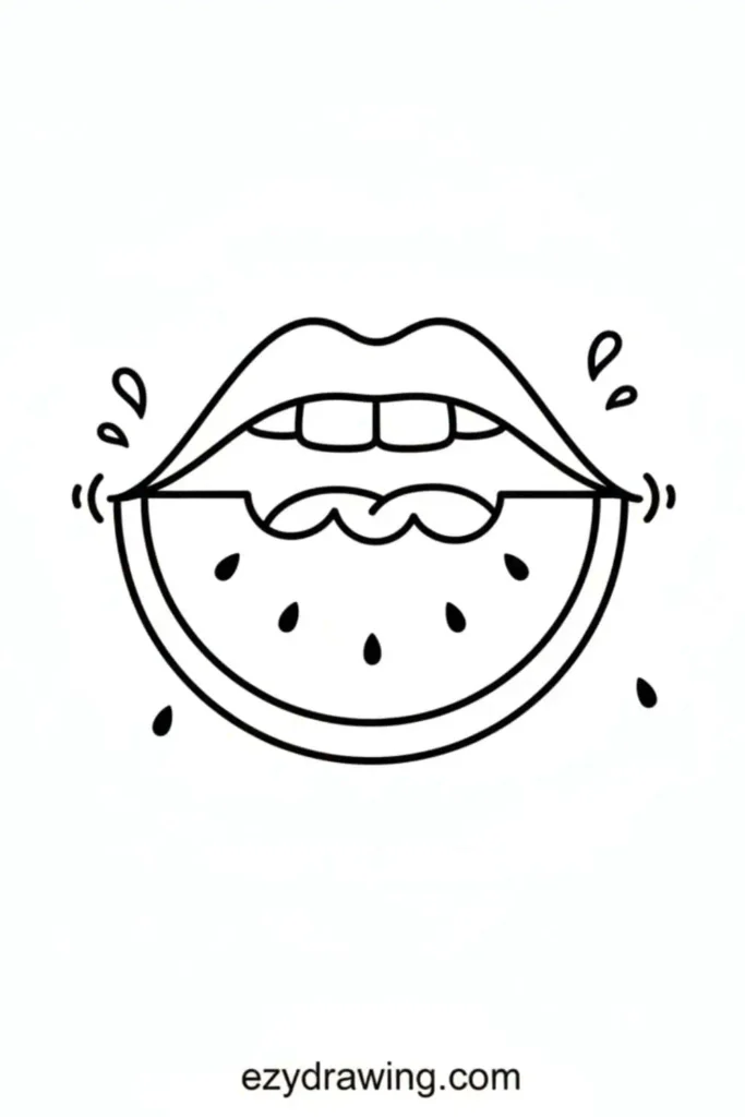 Cute mouth biting a juicy watermelon slice with little splash droplets around it