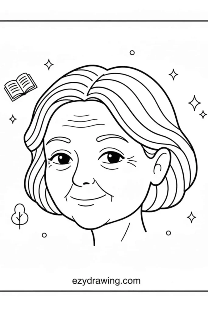 Simple portrait drawing of an elderly woman with gentle facial lines, short wavy hair, and small doodles like a book, tree, and sparkles plus ezydrawing dot com