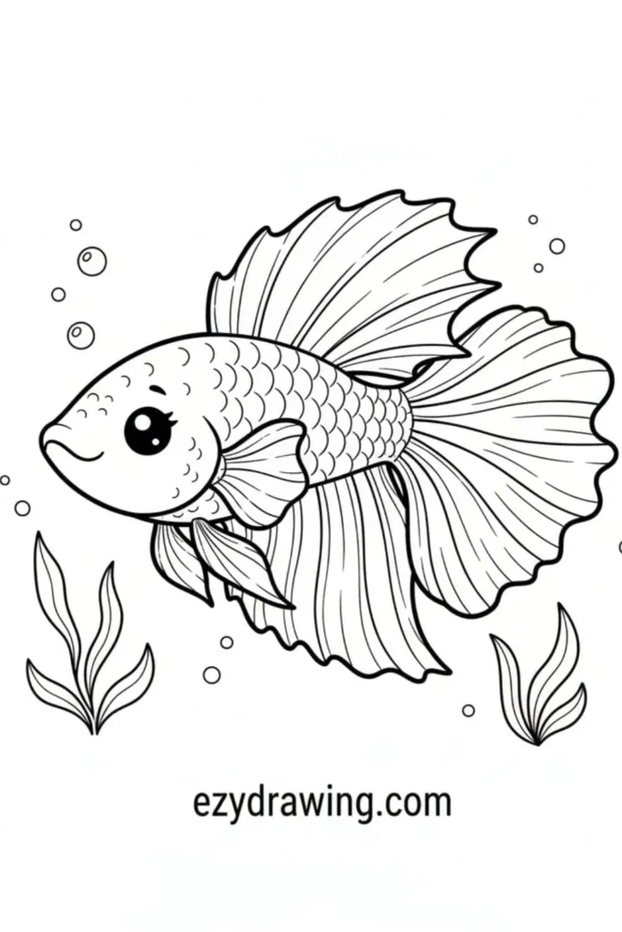 Graceful betta fish with flowing fins, patterned scales, and small bubbles and plants around it in a simple kids drawing style.