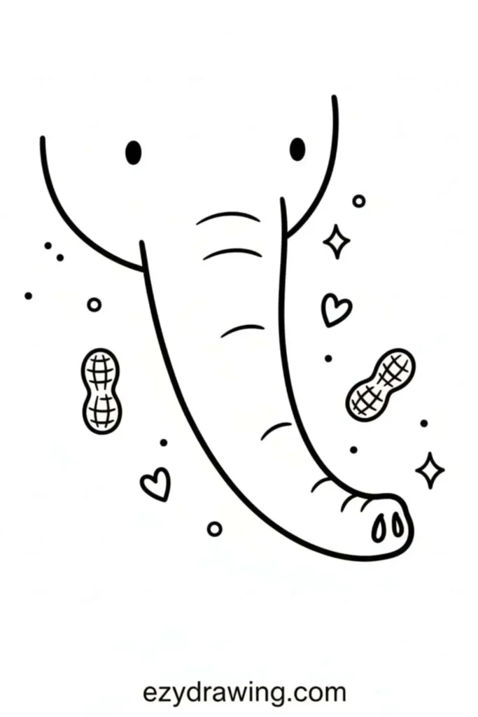Cute elephant face drawing with a long curved trunk, tiny eyes, peanuts, hearts, dots, and sparkly accents around it