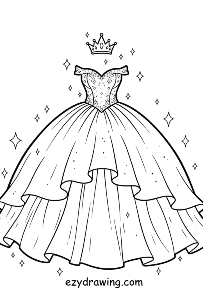 Princess ball gown with layered skirt and sparkly bodice topped with a crown surrounded by shining stars in a simple outline style