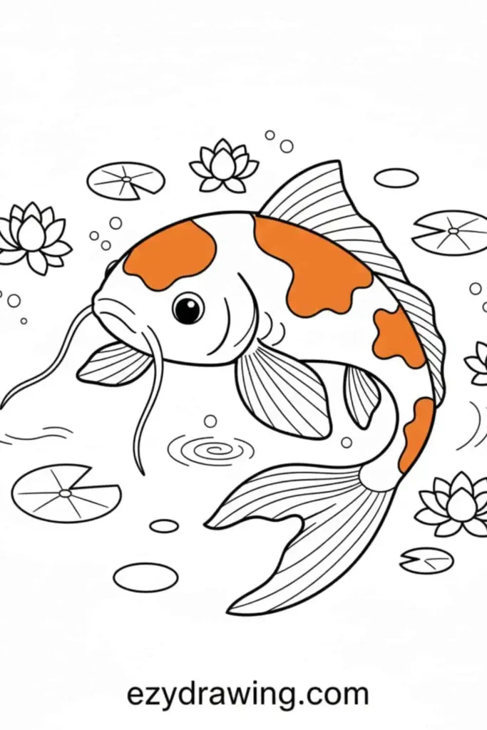 Colorful koi fish with orange patches swimming among lily pads and flowers in a calm pond scene