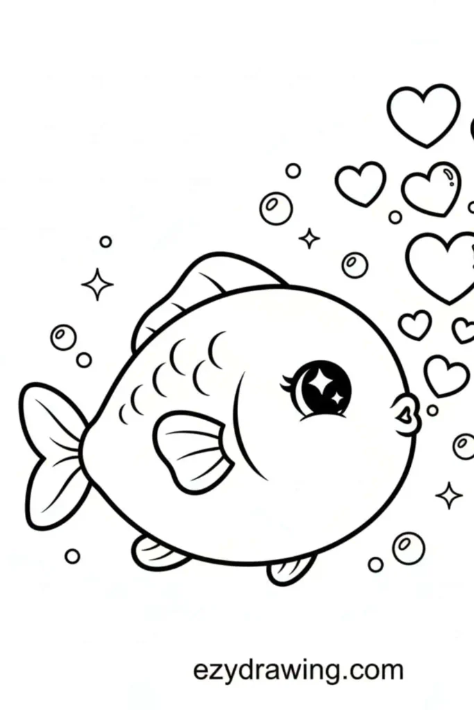Round cute fish with big sparkling eyes blowing heart shaped bubbles surrounded by tiny stars and small bubbles