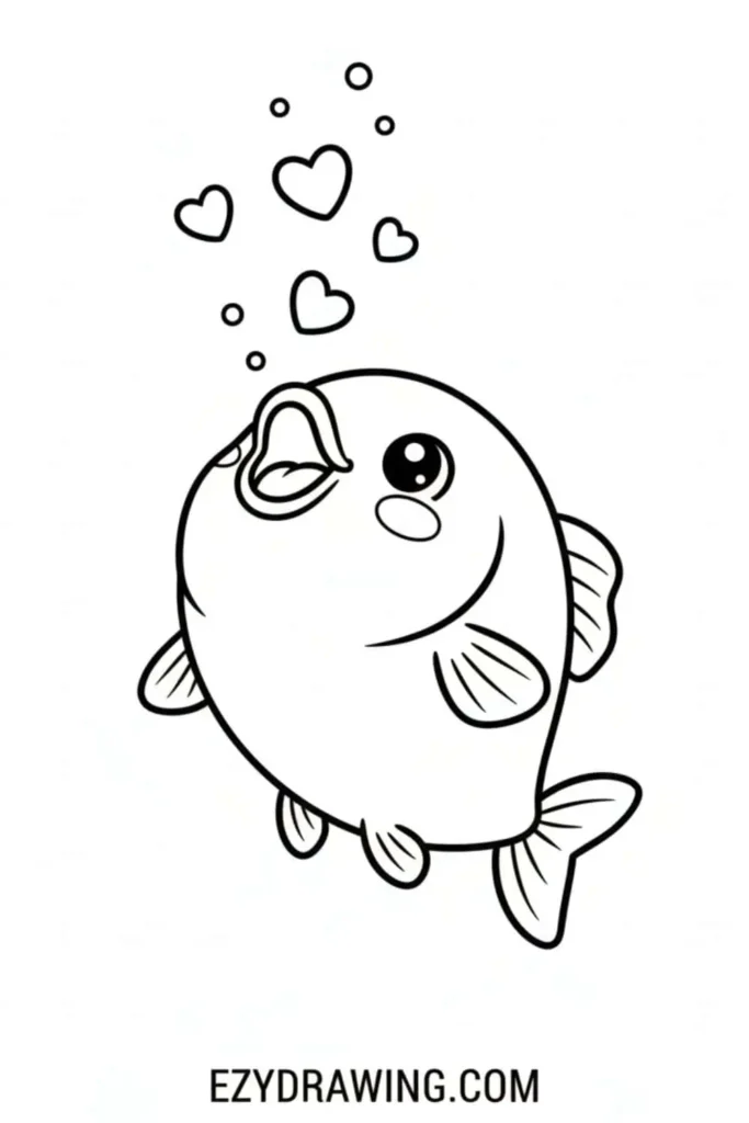 Cute round fish swimming upward with an open mouth, surrounded by heart shaped bubbles in a simple kids drawing style