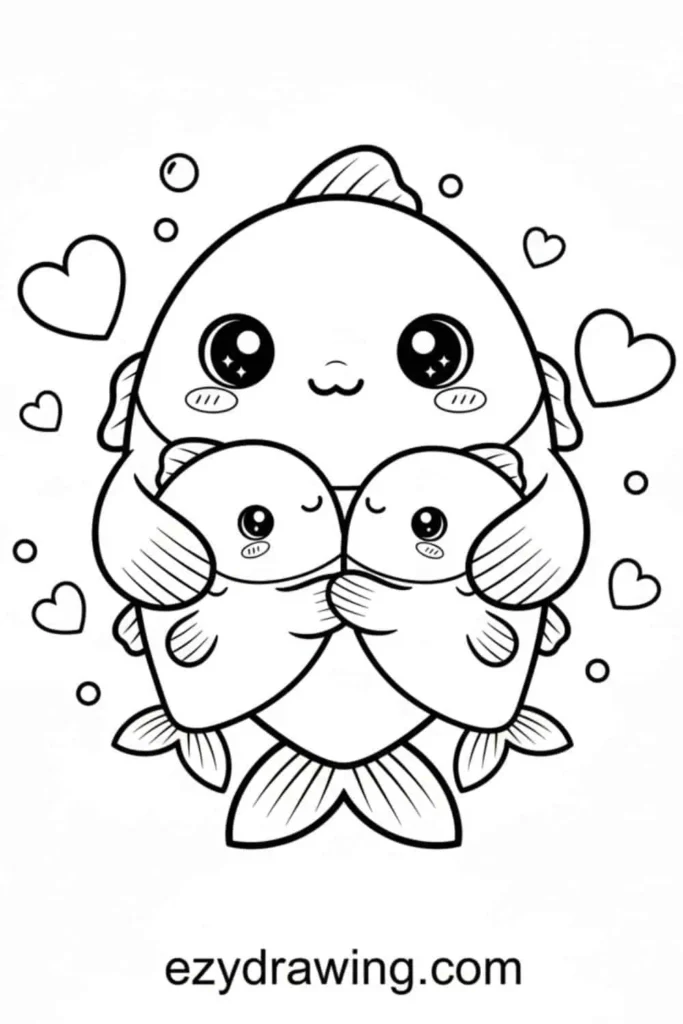 Cute big fish hugging two tiny baby fish with sparkling eyes, surrounded by hearts and bubbles in a sweet kids drawing style