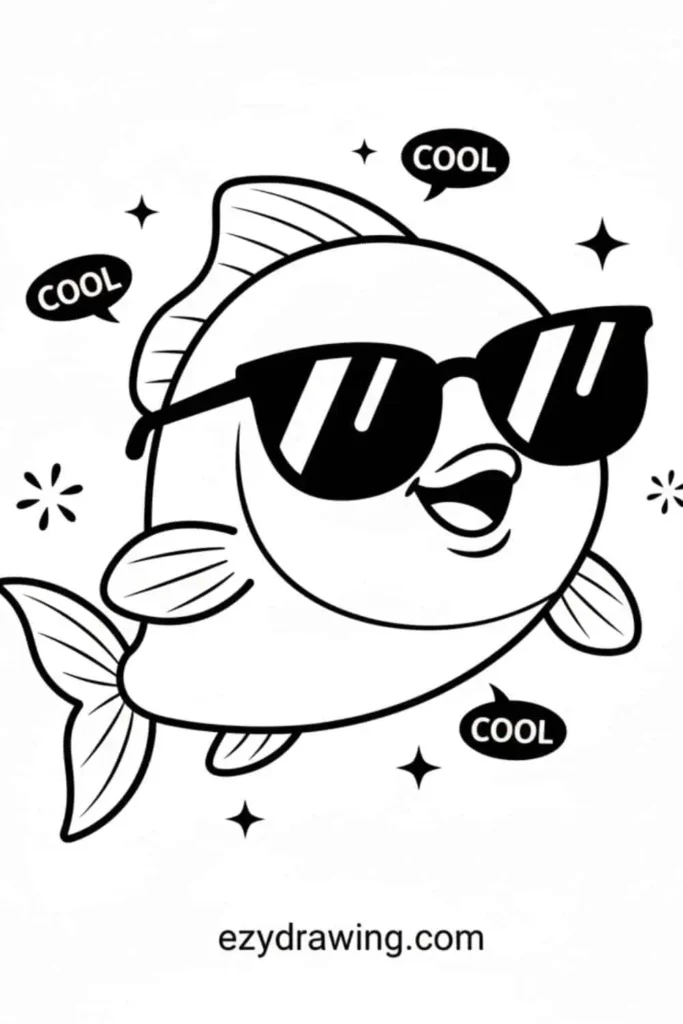 Cute fish wearing sunglasses with a happy smile, surrounded by sparkles and speech bubbles saying cool in a fun kids drawing style