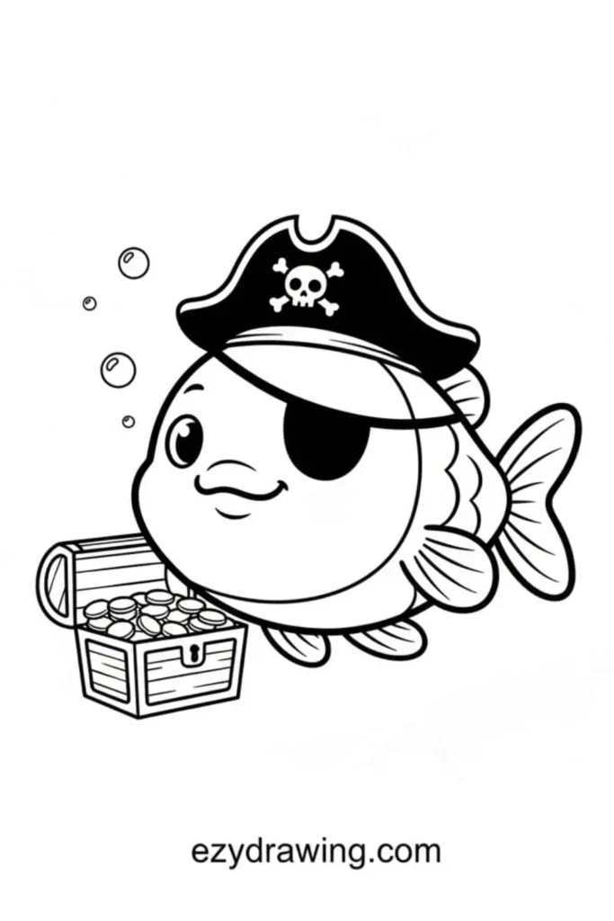 Cute pirate fish wearing an eyepatch and a skull hat next to a treasure chest full of coins with bubbles floating around