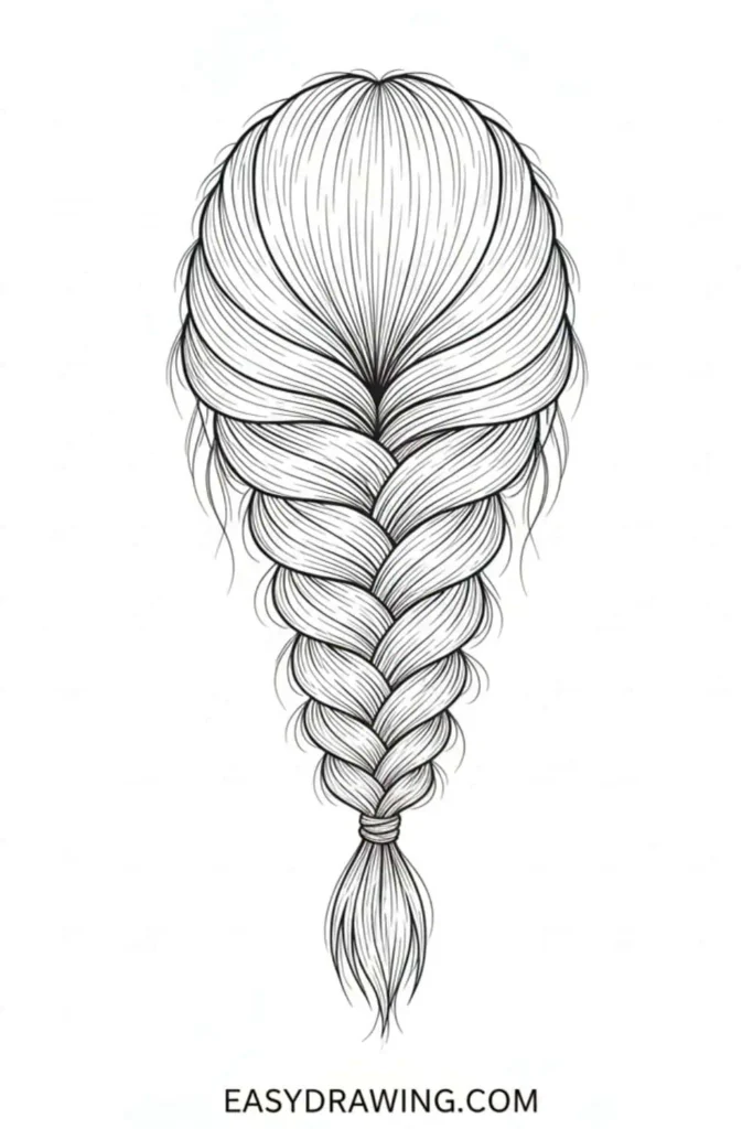 Fishtail braid hair drawing with detailed overlapping strands and soft loose pieces in a clean outline style