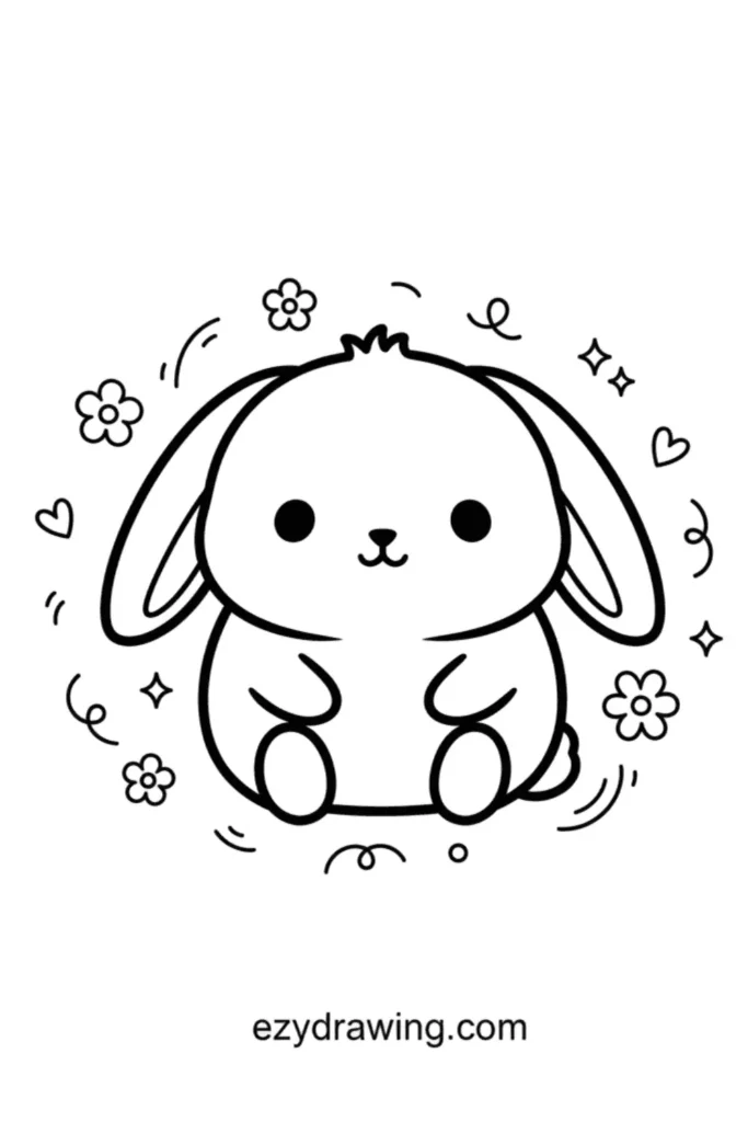 Cute floppy eared bunny sitting with small paws, surrounded by flowers, hearts, sparkles, simple kid friendly line art, ezydrawing.com text below