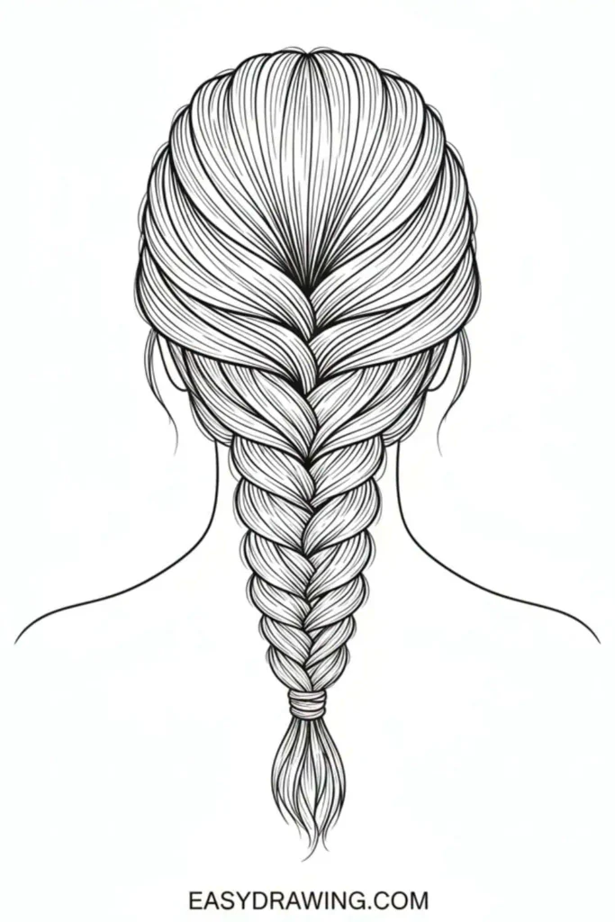 French braid hair drawing with detailed woven strands and loose wisps in a clean beginner friendly outline style