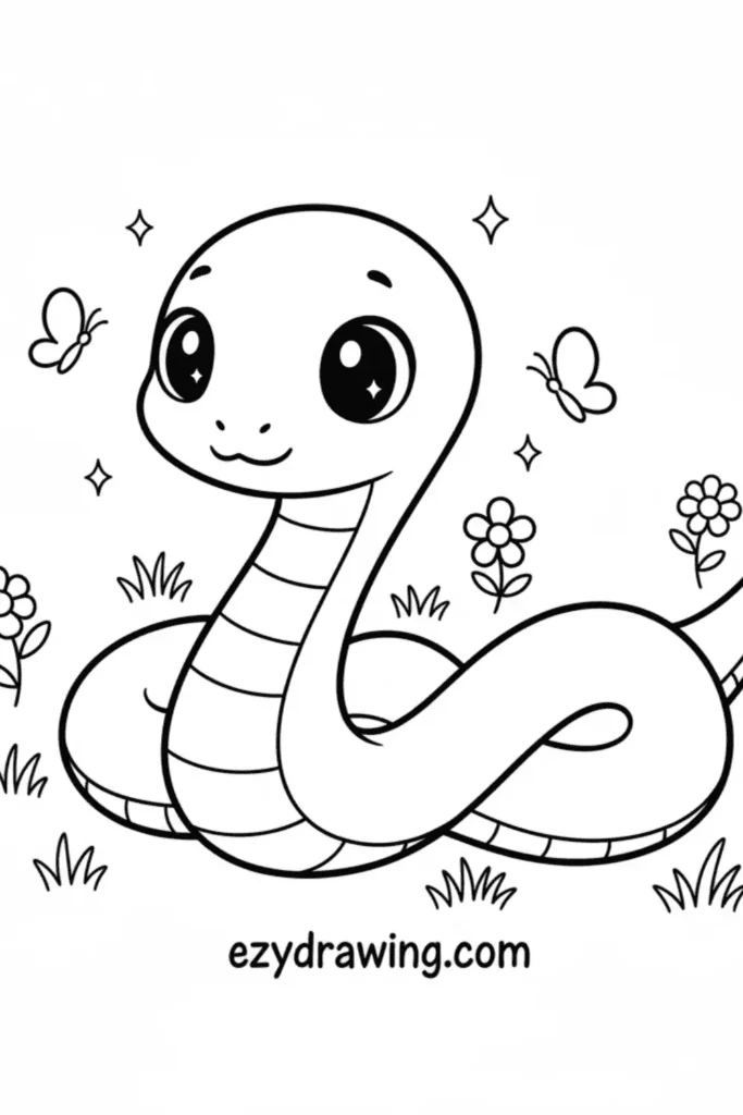 Cute cartoon snake coloring page with big sparkling eyes, butterflies, flowers, and ezydrawing.com text