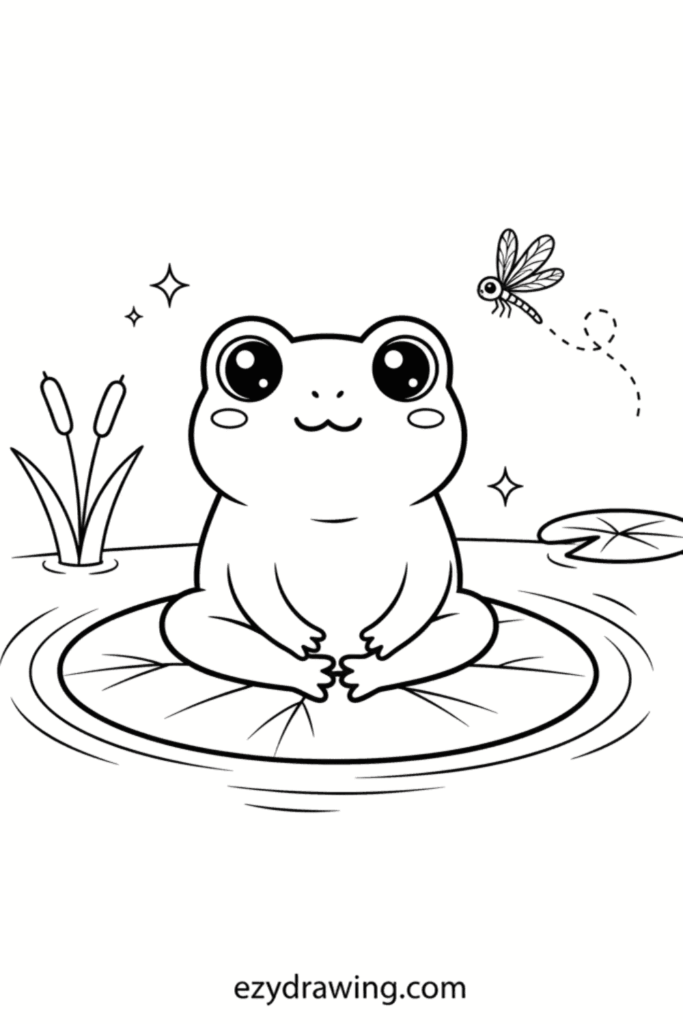 Cute frog sitting on a lily pad with big shiny eyes, cattails nearby and a dragonfly buzzing around in simple kid friendly line art