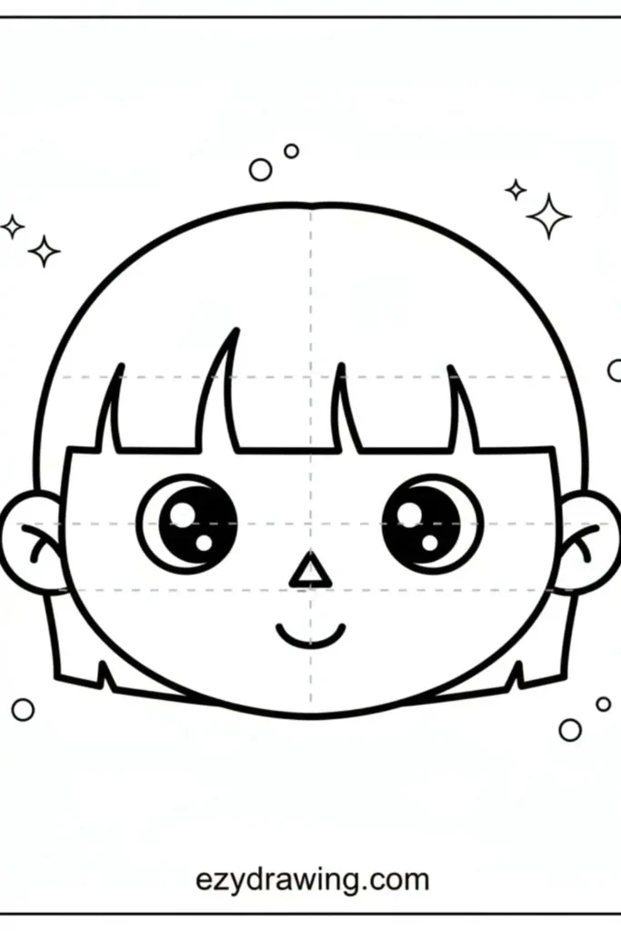 Simple front facing portrait drawing of a child with straight bangs, big shiny eyes, small smile, and guide lines, labeled ezydrawing dot com