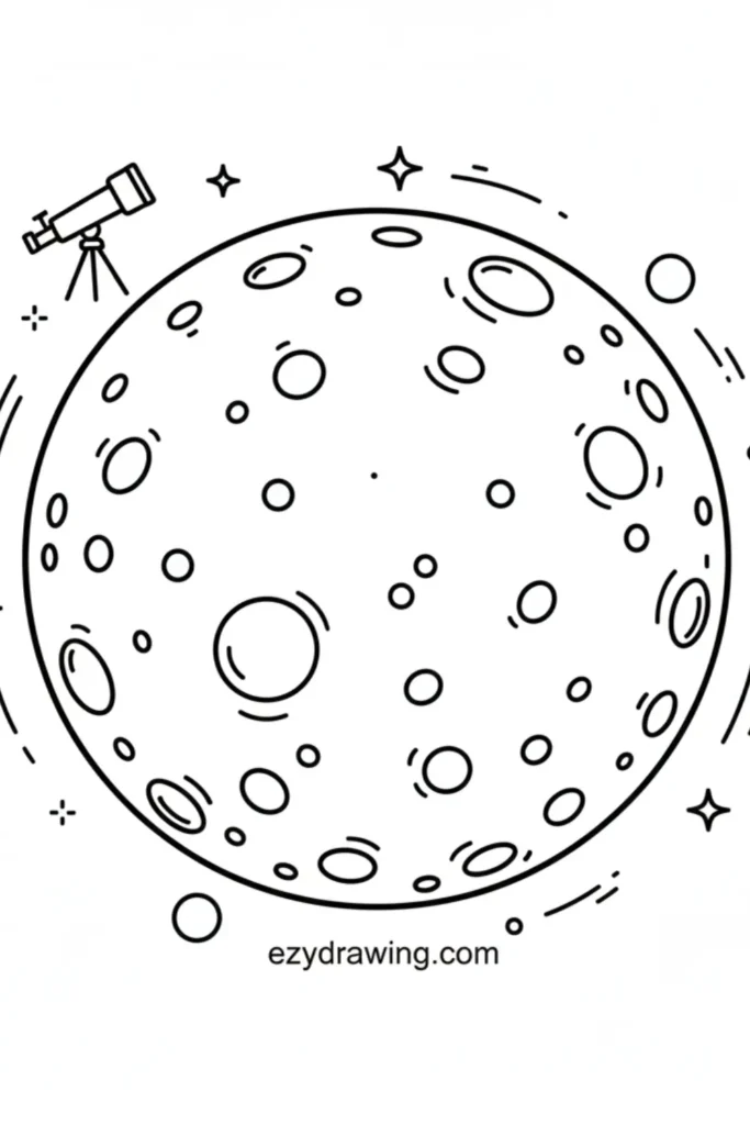 Large crater filled moon with stars, swirling lines, floating circles, and a telescope nearby, simple kid friendly space line art, ezydrawing.com text below