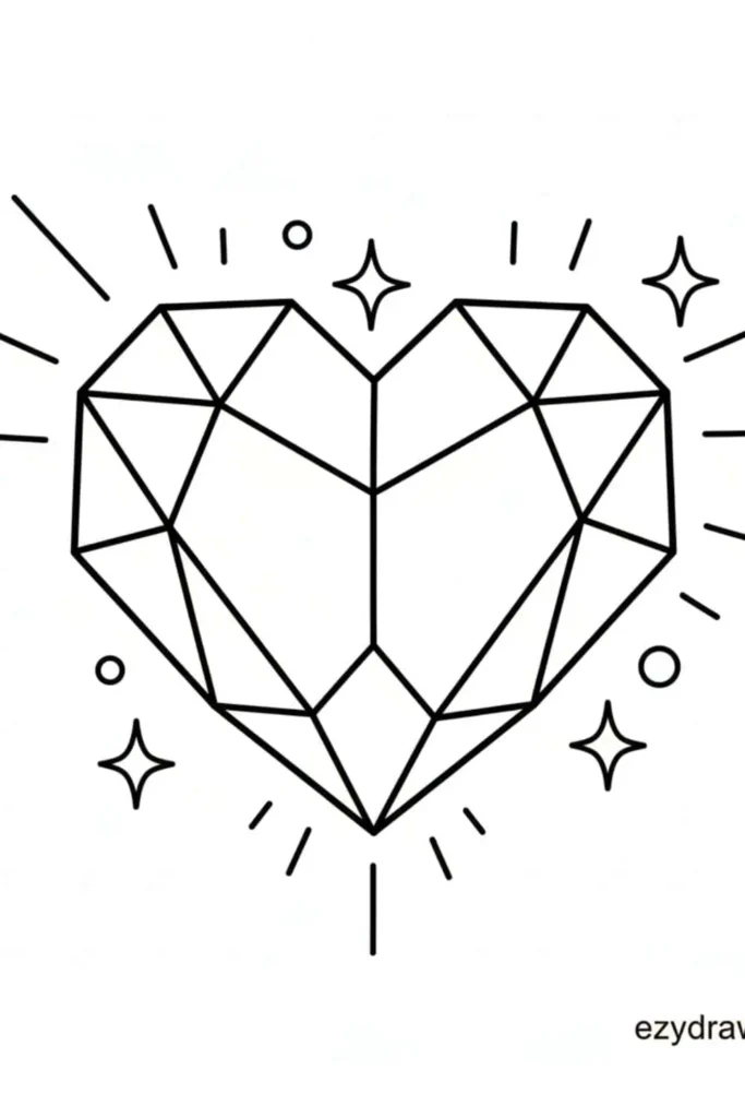 Geometric crystal heart drawing with sharp facets and sparkles, simple diamond style heart sketch for kids and beginners tutorials