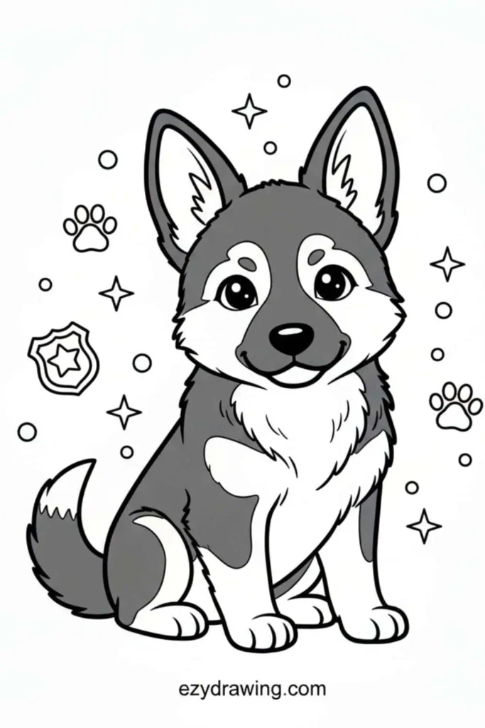 Cute German Shepherd drawing sitting alert with upright ears, fluffy tail, and bright eyes, surrounded by paw prints and stars.
