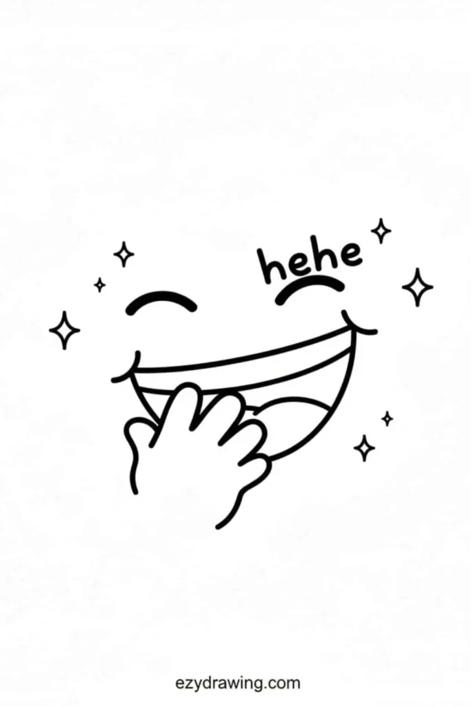 Cute giggling mouth drawing with a hand covering the smile and little sparkles around it
