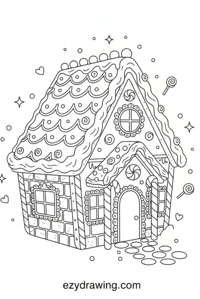 Cute gingerbread house drawing decorated with candy, swirls, icing roof details, lollipops, and hearts in a whimsical outline style