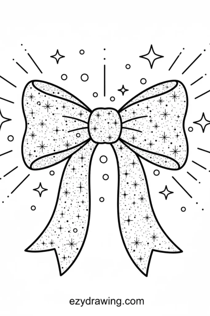 Sparkly bow with long ribbon tails covered in tiny stars and dots surrounded by shining sparkles and lines in a simple outline style