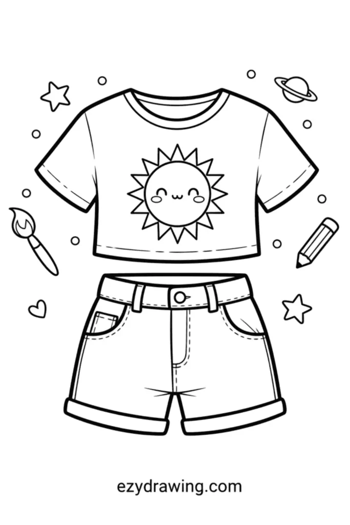 Crop top with a cute sun graphic paired with denim shorts surrounded by stars hearts paint brush pencil and small accents in outline style