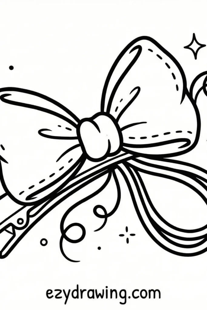 Cute ribbon bow with stitched details, flowing strands, and sparkles in a simple outline style perfect for kids coloring