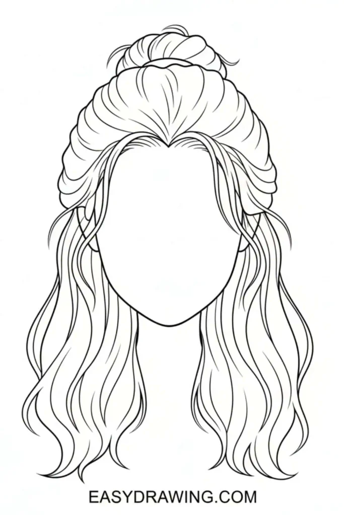 Half up half down hair drawing with soft waves and a small top knot in a simple beginner friendly outline style.