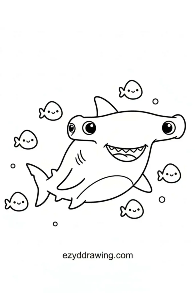 Cute hammerhead shark with big eyes and a friendly smile swimming among tiny happy fish and bubbles in a simple kids drawing style