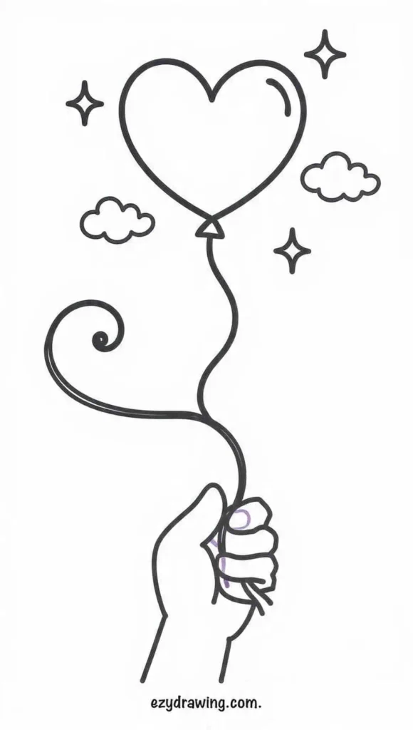 Hand holding a string attached to a heart-shaped balloon with clouds and sparkles around, in simple line art style.