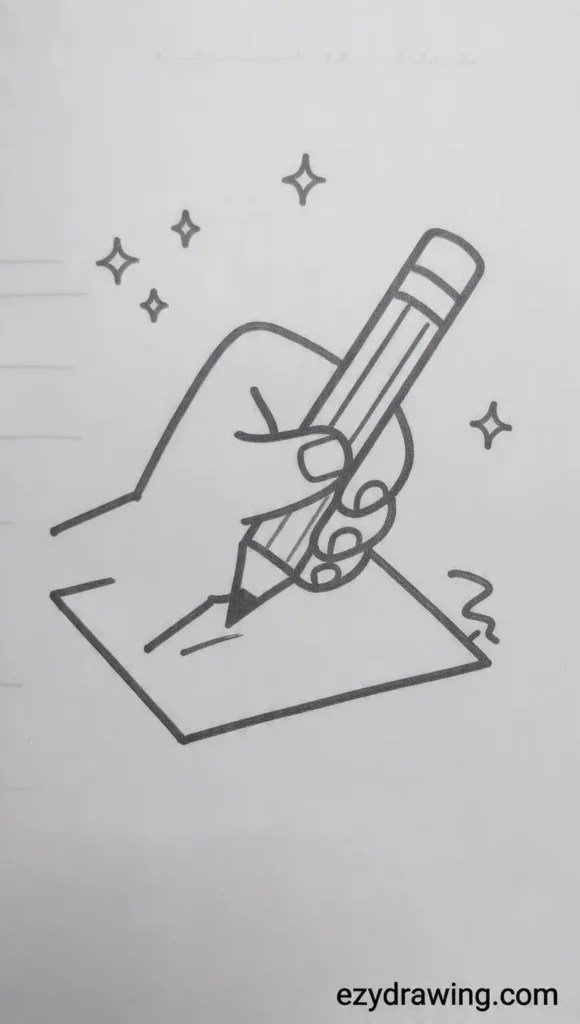 Hand holding a pencil and writing on paper with sparkles around, drawn in simple black and white line art style.
