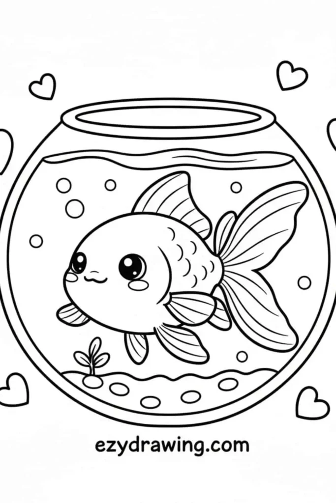 Cute goldfish with big eyes inside a round fishbowl with bubbles, tiny plant, and small hearts drawn around the bowl.
