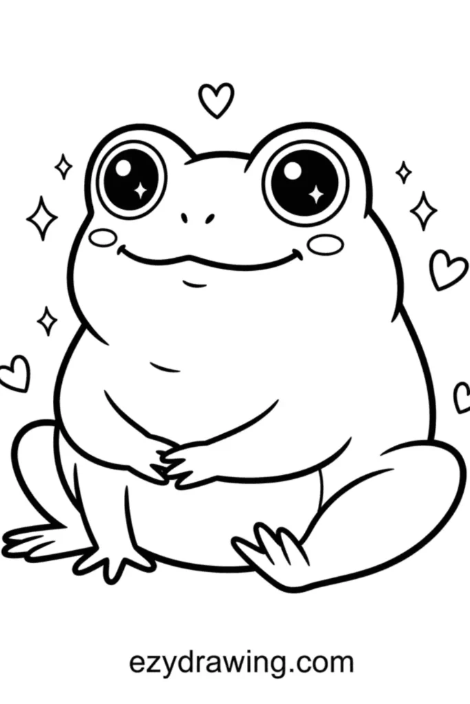 Cute sitting frog with big shiny eyes, small smile and simple limbs surrounded by hearts and sparkles drawn in clean kid friendly line art