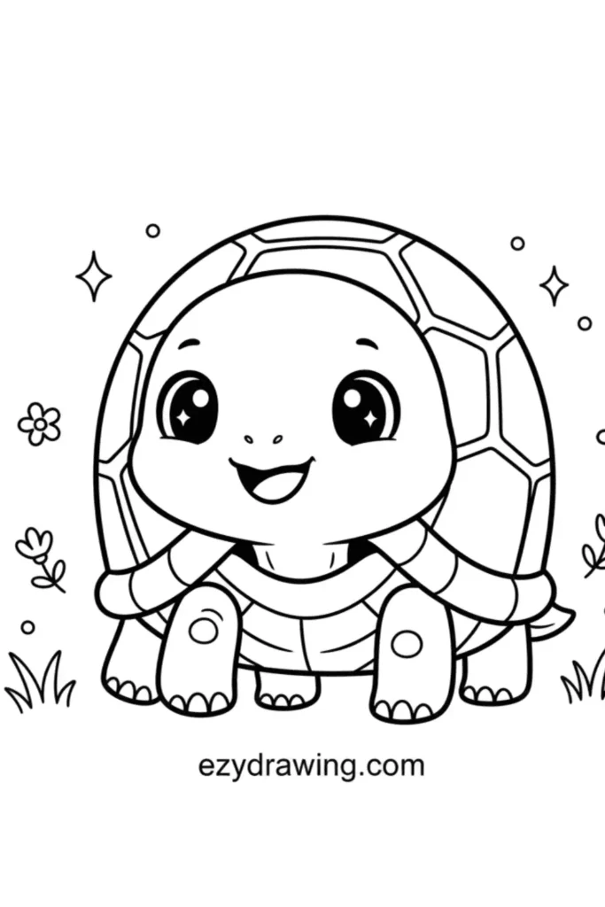 Cute smiling turtle with big eyes, patterned shell, small flowers, grass, and sparkles around it in a simple kid friendly ezydrawing com style