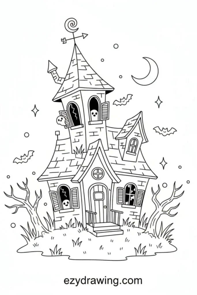 Spooky haunted house drawing with crooked roof, ghosts, bats, broken windows, moon, and eerie trees in a fun outline style