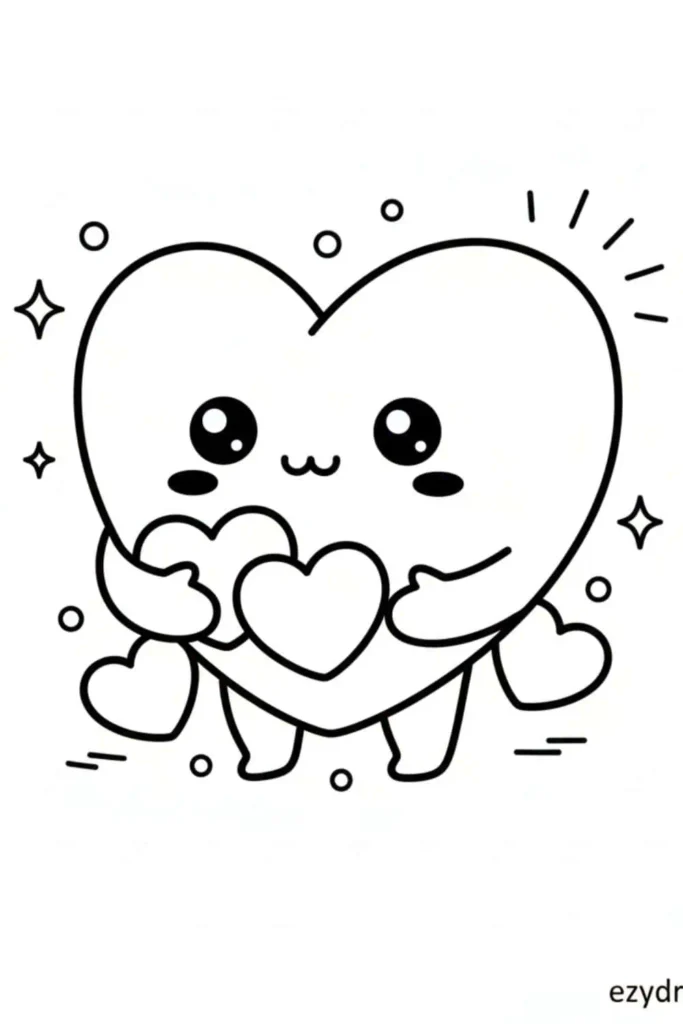 Cute heart character holding tiny hearts, sweet love themed drawing idea for kids, easy heart sketch with kawaii style and simple doodle lines