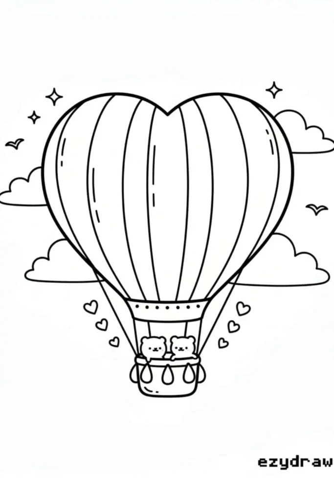 Cute heart shaped hot air balloon with two bears in basket, surrounded by clouds, birds and hearts, simple drawing for kids and beginners tutorials