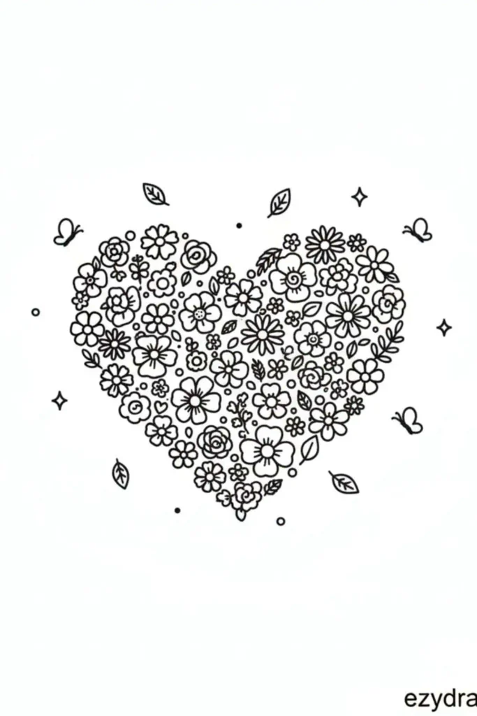 Heart shape filled with tiny flowers, leaves and butterflies, detailed floral heart drawing for kids and beginners crafting and coloring tutorials