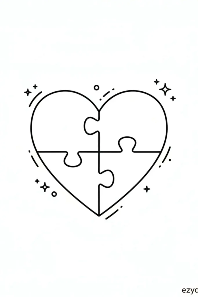 Heart puzzle drawing idea showing four connecting pieces, symbol of love and unity, cute and meaningful doodle for kids and beginners