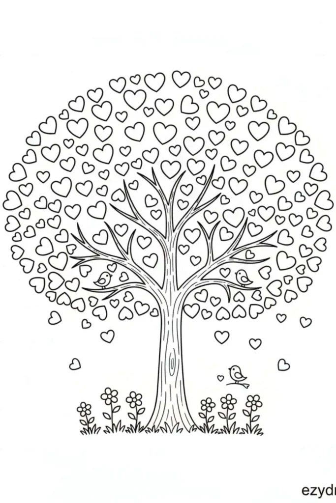 Magical tree filled with heart shaped leaves, showing that love grows, blossoms, and spreads all around, perfect for nature and love themed drawings