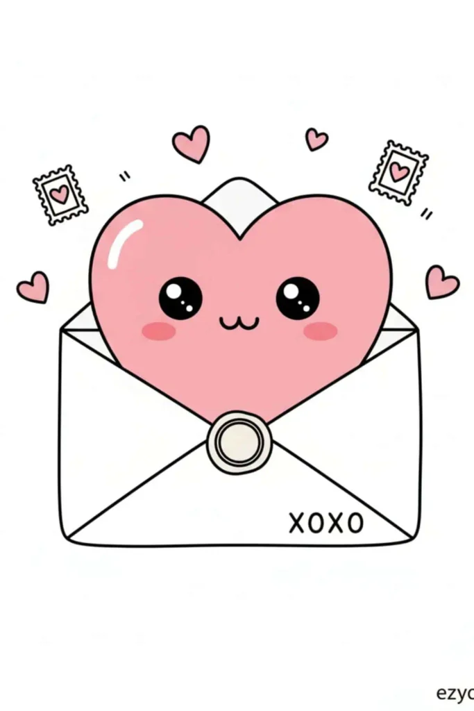 Cute envelope heart drawing idea showing love letter vibes, perfect for Valentine doodles, easy and fun heart art for kids and beginners