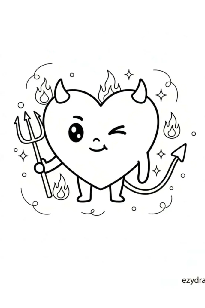Funny devil heart with horns, tail, and trident, playful love themed drawing for kids, cute mischief heart doodle with wink and fire details