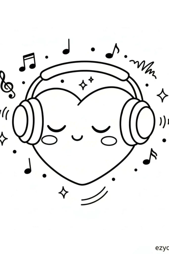Cute heart wearing headphones with closed eyes, surrounded by music notes and sparkles, simple music loving heart drawing for kids and beginners tutorials