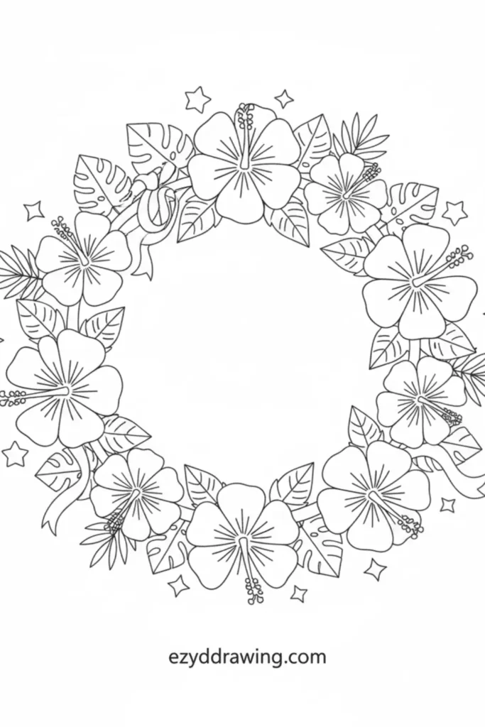 Hibiscus flower wreath line drawing with tropical leaves and stars, circular floral crown outline, detail petals for coloring