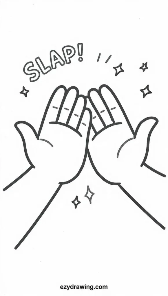 Two hands giving a high five with the word “SLAP!” and sparkles around, drawn in playful black and white line art.