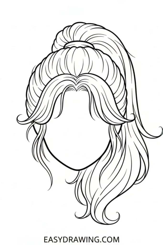 Easy high ponytail hair drawing with soft waves and loose front strands in a simple outline style.