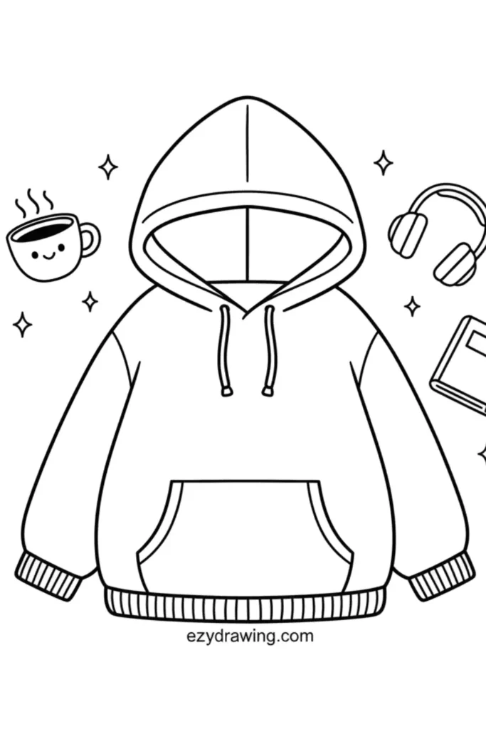 Cozy hoodie with drawstrings and a kangaroo pocket surrounded by a cute coffee cup headphones sparkles and a book in a simple outline style